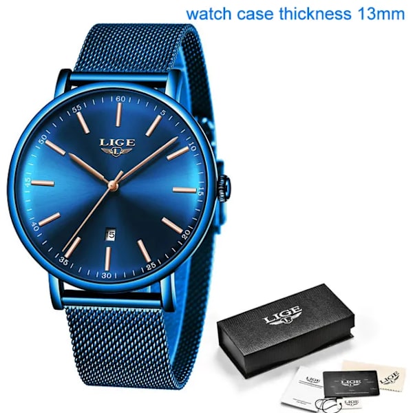 LIGE Watch Armband Quartz Clock Movement Enkel Vattentät Rose Gold Rostfritt stål Mesh Damklockor Relogio Feminino All Blue