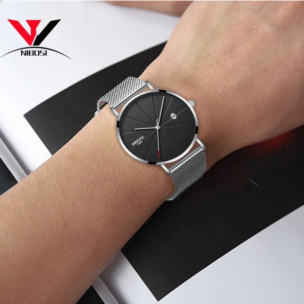 NIBOSI Ny herrklocka Ultratunna watch Enkla affärsklockor kvarts för män Relogio Maskulin manklocka Mesh -band SILVER BLUE M