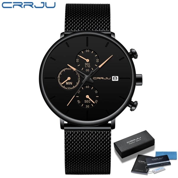 CRRJU Herrklockor Lyx Watch Unik design i rostfritt stål Auto Date Mesh Armband Män Mode Casual Quartz Klockor 2268-yllow BOX