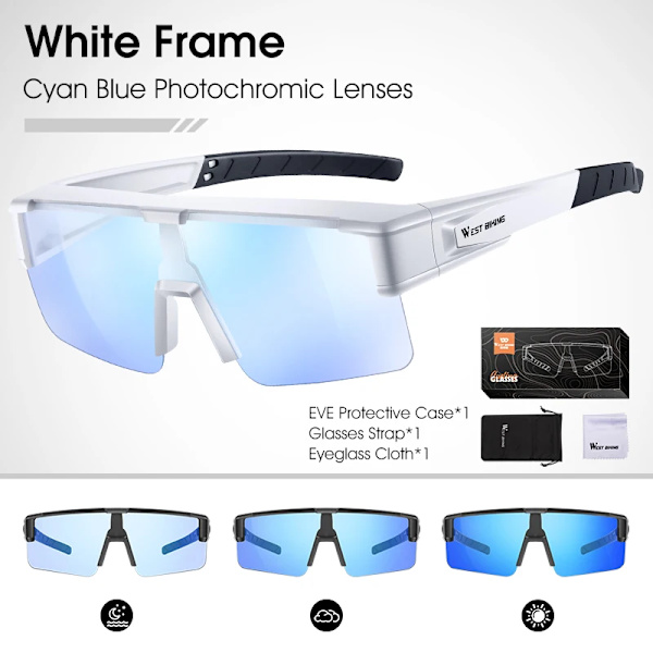 WEST BIKING Photochromic Myopic Fit Over Solglasögon Unisex Cykelglasögon Polariserade körglasögon UV400 Fiskecykelglasögon White x Cyan Blue