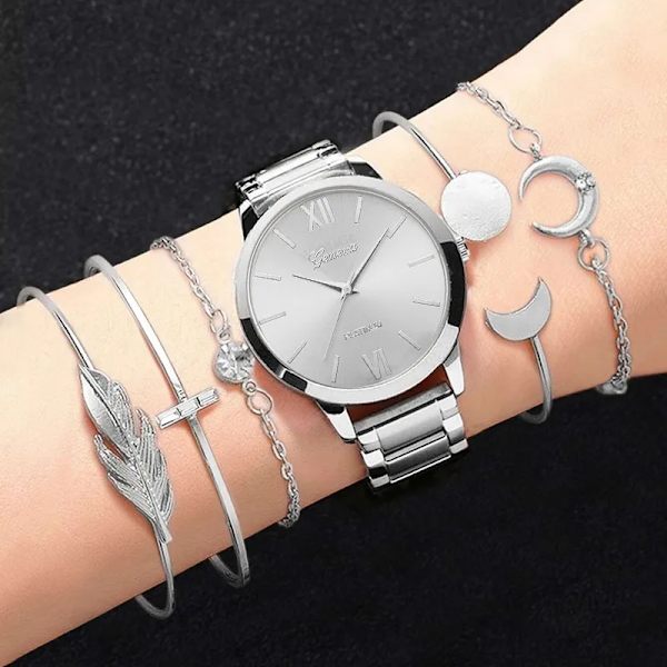 6/5/3PCS 2022 Lyx Damklockor Set Armband Armbandsur Mode Dam Quartz Watch Klänning Kvinnlig Klocka Montre Femme Relogio 5PCS Silver B