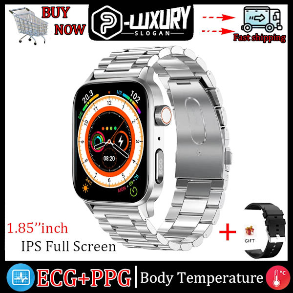 Ny icke-invasiv watch för blodsocker Män Röstringning Armbandsur Kroppstemperatur Stresstest EKG+PPG NFC Smartklocka Silver steel strip