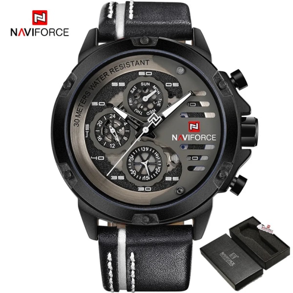NAVIFORCE Herrklockor Toppmärke Lyx Vattentät 24 timmar Date Quartz Watch Man Läder Watch Herr Vattentät klocka BWB BOX
