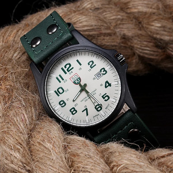 1 st Herr Circular Pointer Watch Läder Military Sports Date Quartz Watch Herr Green