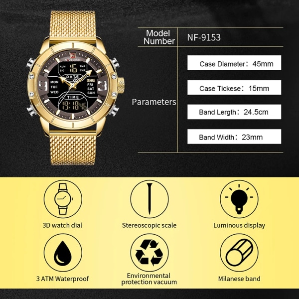 NAVIFORCE Watch Topp Lyx Märke Man Militär Sport Quartz Armbandsklockor Rostfritt stål LED Digital klocka Relogio Masculino GG-BOX