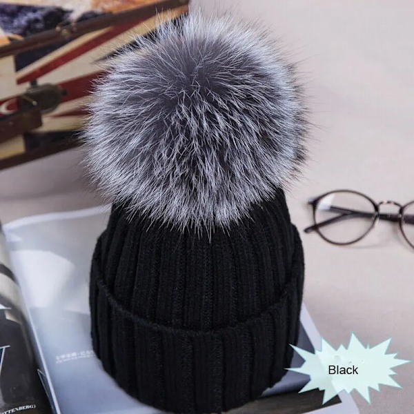 Ny Trendig Dammössa Varm Vinter Beanie Stor Faux Pom Pom Bobble Hat Stickad Skidmössa Svart Blå Vit Rosa Black