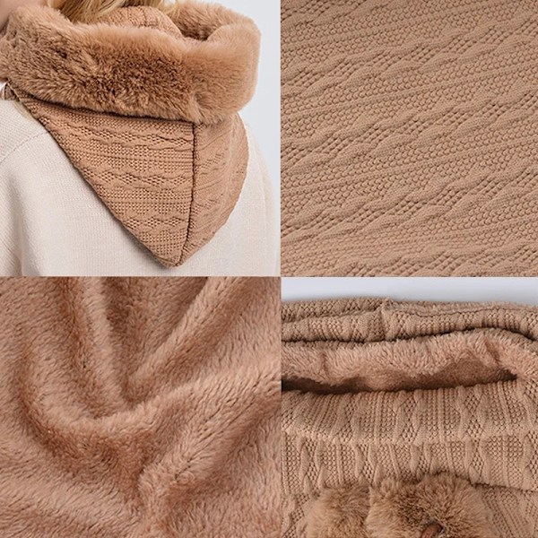 Tjock Fleece En-Delad Hatt Kvinnor Stickad Fluffig Mössa Halsduk Mask Set Huva Vinter Varm Utomhus Skid Vindtät Plysch Mössor Bonnet Pink One Size