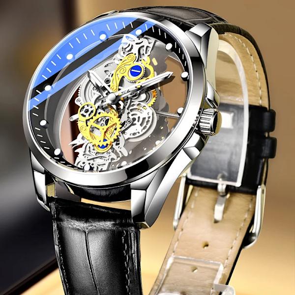 Armbandsur Double Hollow Automatisk Machine Rostfritt Stål Watch Icke-mekanisk Quartz Movement Tourbillon Watch for Herr black silver