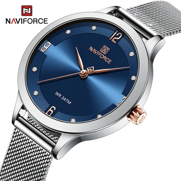 NAVIFORCE modeklockor för kvinnor högkvalitativ kvarts damklocka Mesh rostfritt stål Sliver blå vattentät damarmband SBE