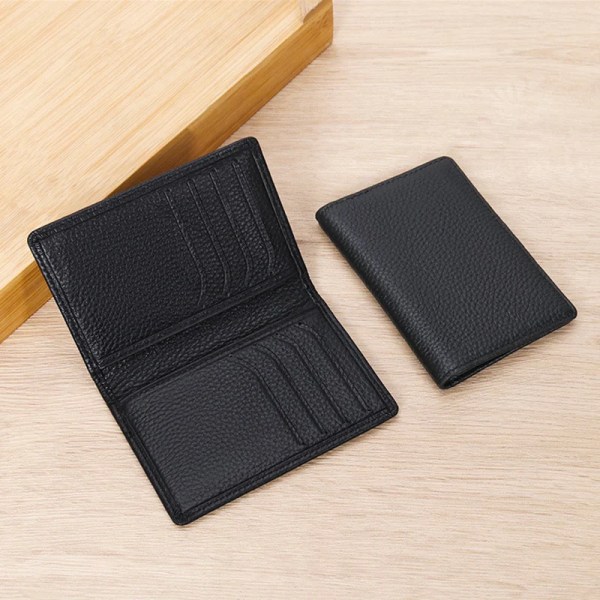 Ultratunn korthållare i äkta läder för män Tunn hopfällbar bankkreditkortshållare Liten herrplånbok RFID ID-korthållare Black