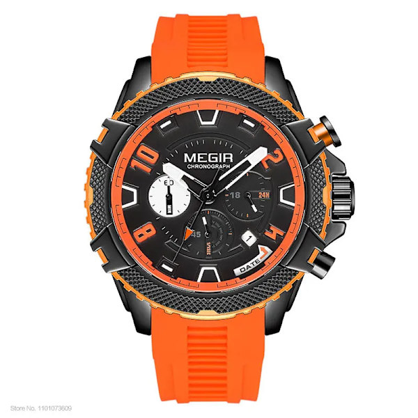 MEGIR Watch för män Orange silikonrem Sport Chronograph Quartz Armbandsur med datum 24-timmarsdisplay 3atm Vattentät Orange