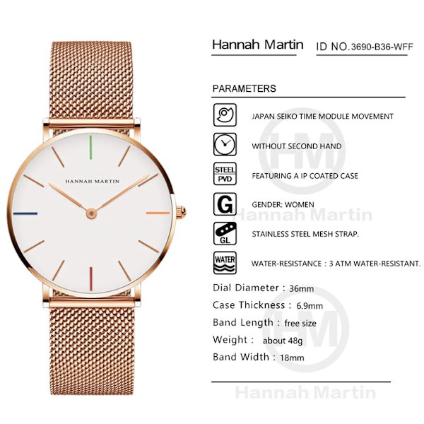 Hannah Martin Watch Japan Quartz Movement Enkel Vattentät Rose Gold Rostfritt stål Mesh Watch relogio feminino HM-CH36-1
