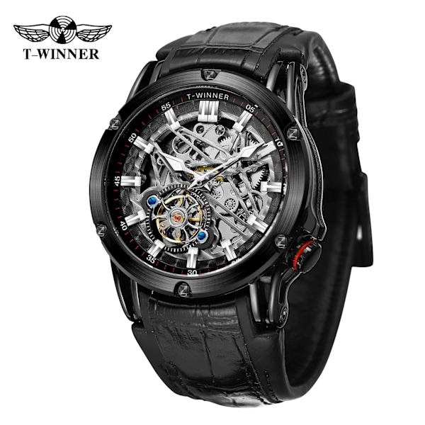 T-vinnare Ny 2023 män automatisk mekanisk watch Läderrem Skelett Mode Vattentät för manliga presentklockor black