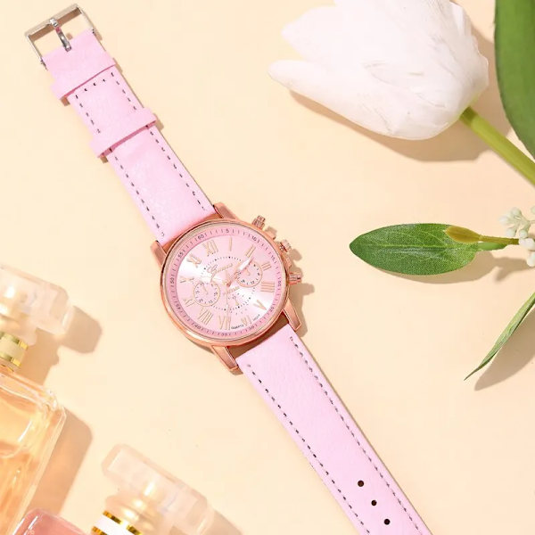 2023 Genève Mode Kvinnor Rosa Läder Klockor Unisex Quartz Watch för Kvinnor Business Casual Watch Relogio Feminino Pink