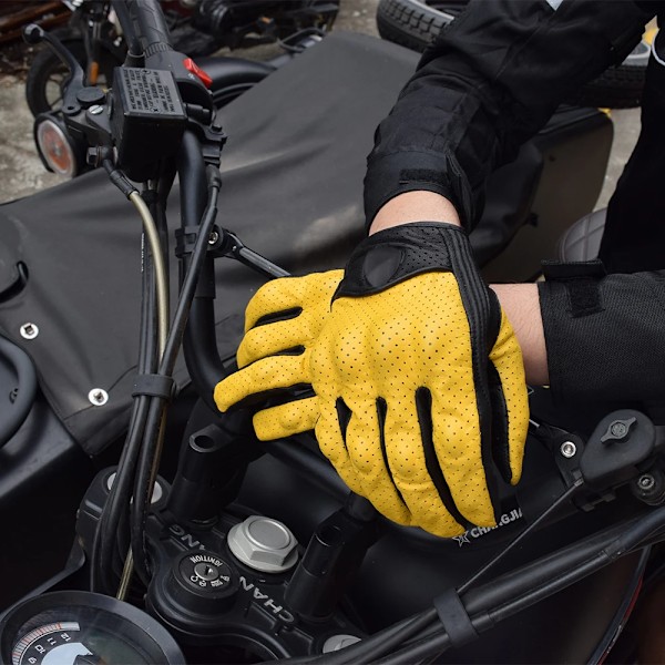 Sommar Motorcykelhandskar Läder Gul Motocrosshandske Herr Dam Retro Biker Cykling Motorcyklist Skydd Getläder Yellow XL