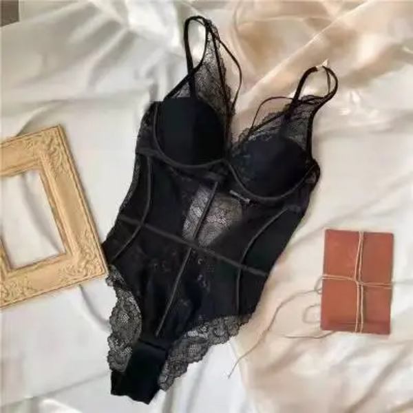 Spets Sexig Body Underkläder Set Kvinna i ett stycke Push Up Mesh BH Stringdräkt Solid 3/4 kopp bygel underkläder för kvinnor Black