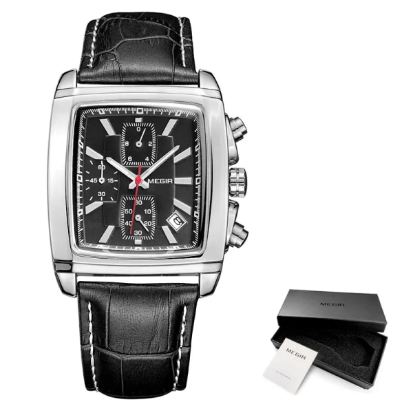 MEGIR nya casual märke klockor män hett mode sport armbandsur man kronograf läder watch för manlig lysande kalender timme Black-Box