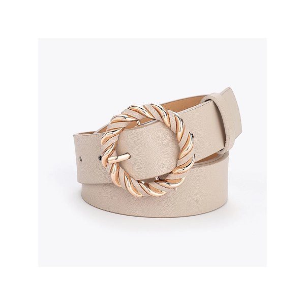 2022 Dam Bälte Mode PU Läder Metall Pin Spänne Bälten För Dam Midjebälte Twist Ring Spänne Klänning Jeans Midjeband Beige 105CM