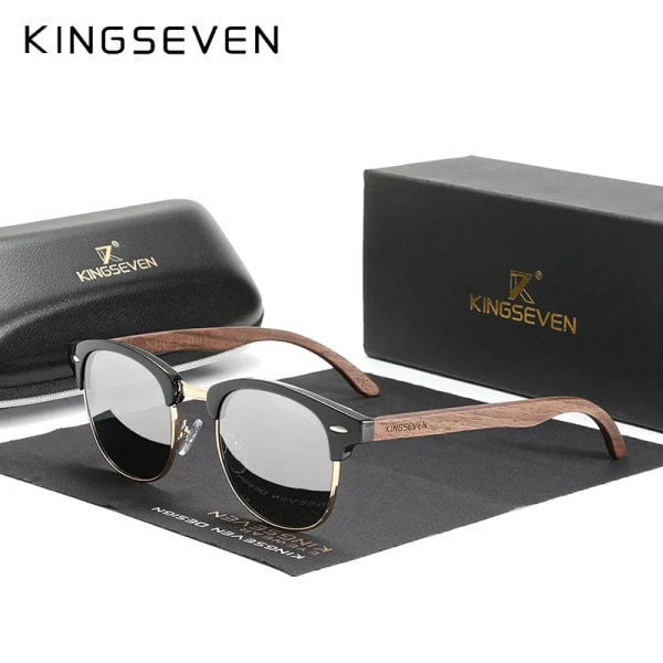 KINGSEVEN Handgjorda 2022 svarta valnötssolglasögon av trä för män Polariserad UV400-skydd Halvbåglös retroglasögon Dam Oculos Silver Original