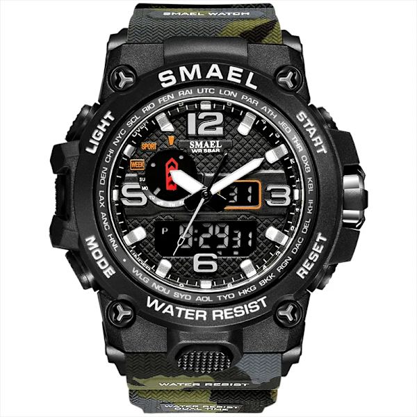 SMAEL Dual Display Digital LED Watch Pointer Typ Quartz Elektriska klockor Relogio Masculino Uomo Sportklocka 1545 CAMOARMYGREEN
