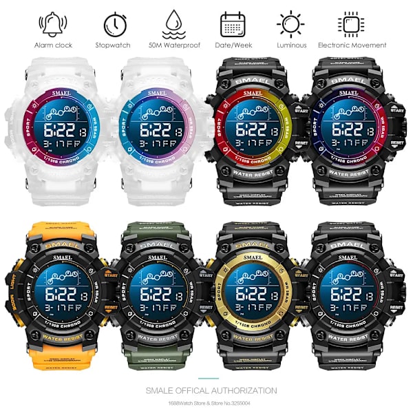 SMAEL Elektroniska Digitala klockor för män Vattentät Unisex Military Sport Armbandsur med Auto Date Week LED Display Vit 8082 Green-Box