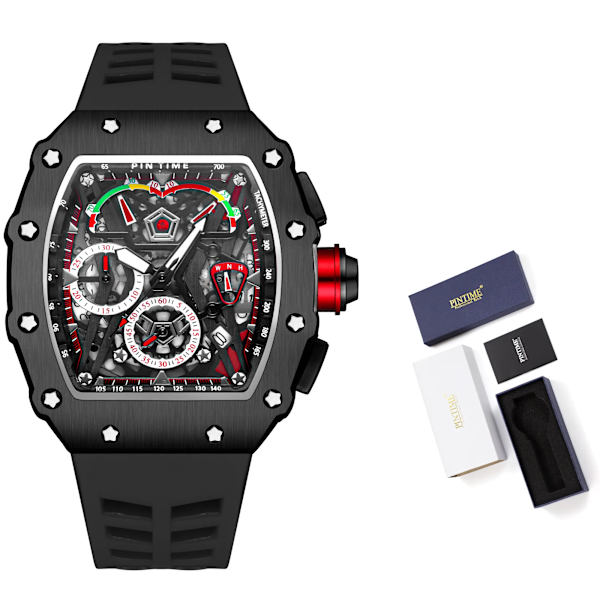 PINTIME Kampanj Rea Män Mode Sport Watch Kronograf Funktion Stoppur Röd gummirem Auto Date Man Lyx Armbandsur 5 with box