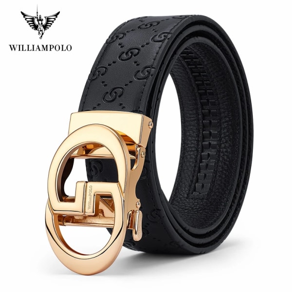 WILLIAMPOLO Herrbälte Herr Högkvalitativt Läderbälte Herr Herrband i äkta läder Lyxigt Automatiskt spänne Modejeans Gold-22109 115CM