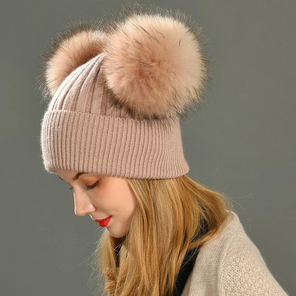 Dubbel Pompom-mössa för kvinnor, vintermössor, stickade mössor, mössor, beanies, flickor, två pompom-mössa Blue natural fur