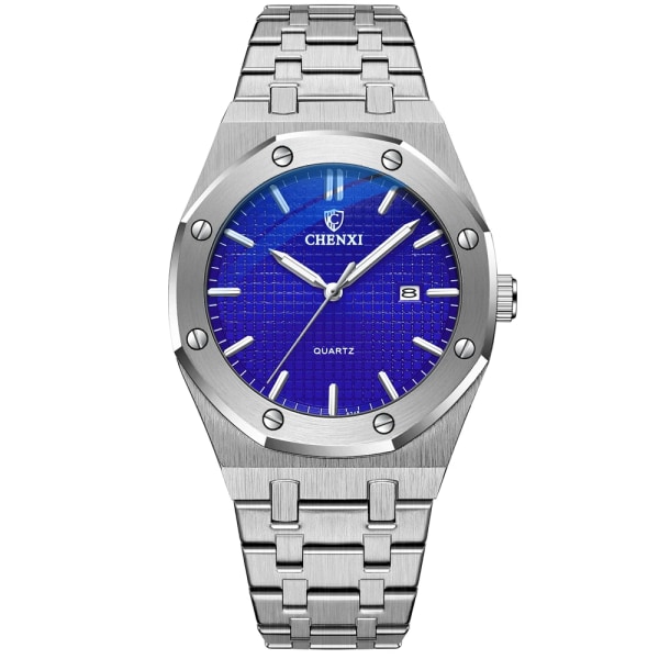 CHENXI Herrklockor Lyxmärke Automatisk datumklocka Vattentät Lysande Herrarmbandsur Kvarts Watch i rostfritt stål Silver Blue