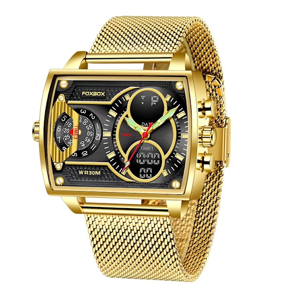 2023 Toppmärke Lyx Watch Mode Fyrkantig watch Herr Casual Vattentät Dubbel Display Klockor Relogio Masculino+BOX gold  black