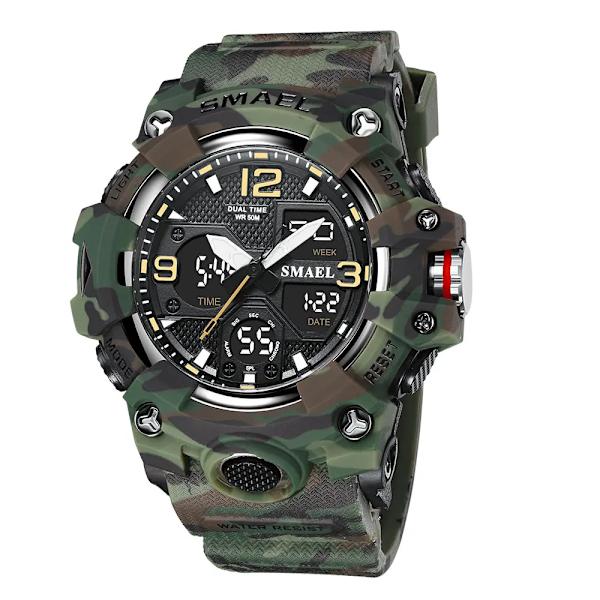 SMAEL Dual Time Watch för män Mode Vattentät Quart Digital Armbandsur Väckarklocka LED Bakgrundsbelysning Kalenderklockor 8008 Camo Green