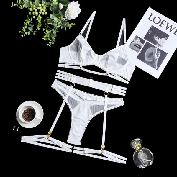 YBFDO 3-delad BH Set Dam Patchwork Genomskinlig Mesh Underkläder Dam Sexiga Fancy Transparenta Set white XL