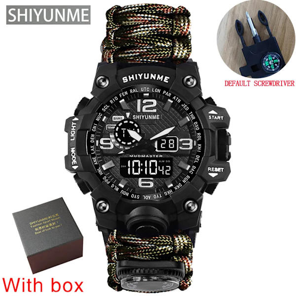 Utomhus Survival Watch Multifunktionell Vattentät Militär Taktisk Paracord Watch Armband Camping Vandring Nödutrustning Khaki with box