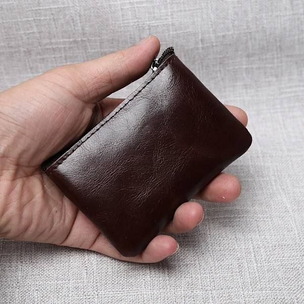 Läder Mini Myntväska Unisex Enkel Bärbar Första Layer Kohud Retro Handgjord dragkedja Liten case Light Brown