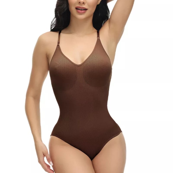 GUUDIA V-hals Spaghetti Strap Bodysuits Compression Body Suits Öppen gren Shapewear Slimming Body Shaper Smooth Out Body brown L