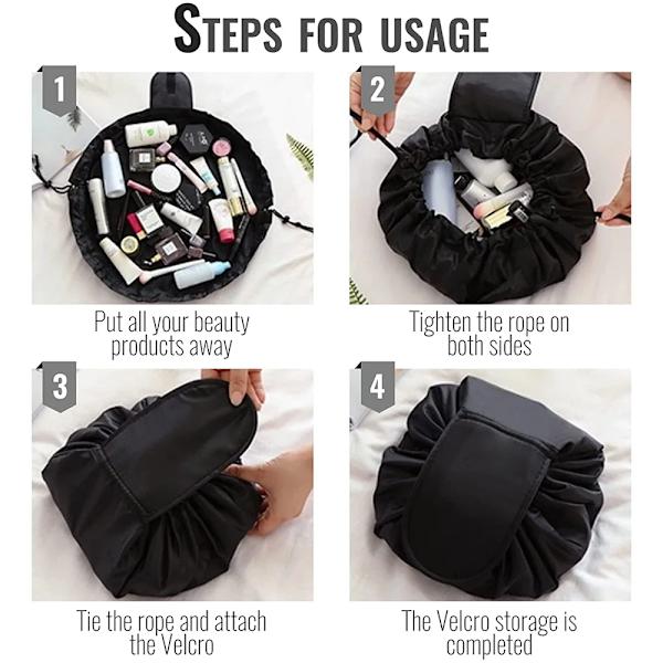 Mode Unisex Bärbar Lazy Förvaring Kosmetikväska Dragsko Rosa Print Magic Makeup-påse Vikbar rese-toalettväska black