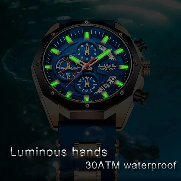 Nytt mode Herrklockor Toppmärke Lyx Silikon Watch Herr Kvarts Datum Klocka Vattentät Armbandsur Kronograf gold blue