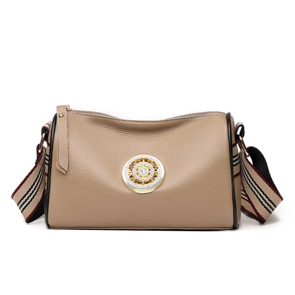 Kvinnor Handväskor i äkta läder Designer Rotating Metal Lock Dam Axelväskor Mode Nytt lyxvarumärke Messenger Bag för kvinnor Khaki 22cm 10cm 14cm