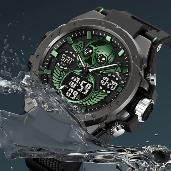 Ny STRYVE watch Creative Skull Design Digital-Analog Dual Display Watch Kalendervecka Stoppur Watch S8008 Black Green