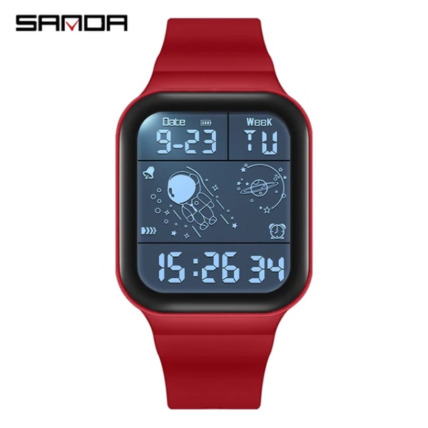 Mode SANDA Watch 50 M vattentät storskärm fyrkantig dam unsex multifunktionskronograf LED-skärm Reloj de hombre Red