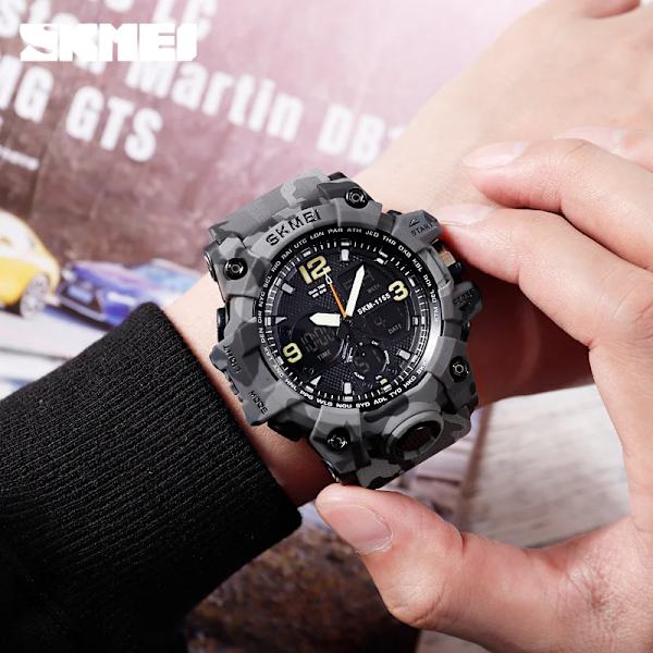 SKMEI 2 Time Herrklocka Man Elektroniska Sportklockor Stoppur Bakljus Alarm Vattentät Quartz Clock reloj hombre 1155B Black and coffee