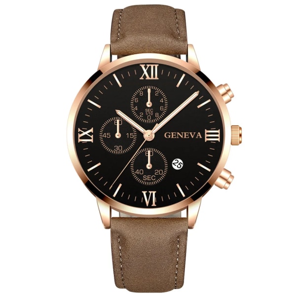 Mode Genève Män Datum Legering Case Syntetiskt Läder Analog Kvarts Watch Man Klocka Toppmärke Lyx Relogio Masculino 10 Brown-Rose-Black