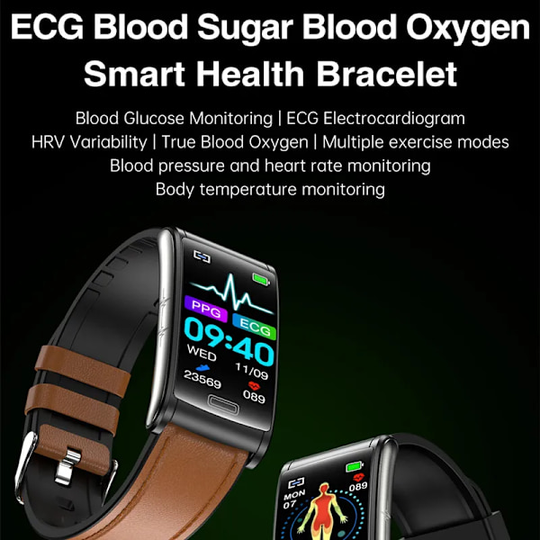 E600 Smart Watch EKG Blodsocker Män Icke-invasiv Blodsocker Puls Hälsomätare Kvinnor Sport Smartwath Armband Blue