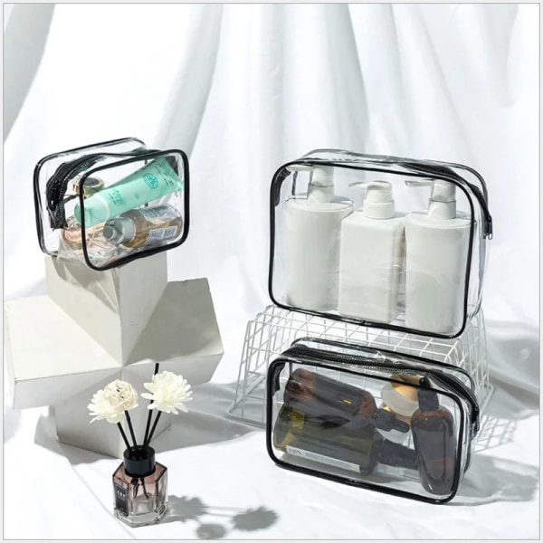 1 ST Vattentät PVC kosmetikaväska Tvätta Skönhetsväskor Kit Hemresa Transparent sminkväska Toalettväska Badprodukter Förvaringsväska Black M