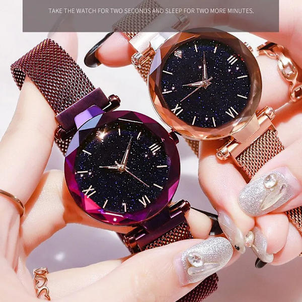 Dammode Stjärnhimmel Klockor Magnet Spänne Mesh Bälte Diamond Quartz Watch Dam Klänning Klocka Blue