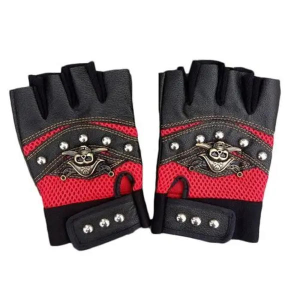 PU Läder Skull Punk Black Driving Motorcycle Bike Rider Fingerless Handskar Unisex Red