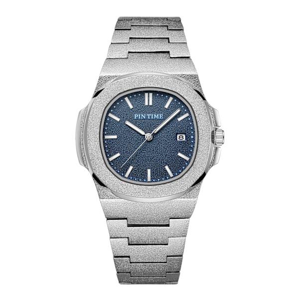 PINTIME Nytt mode för män Casual PP watch Frostat case Quartz Urtavla Klockor Lyxdesign Män Sport Armbandsur Present med låda silver wth blueA