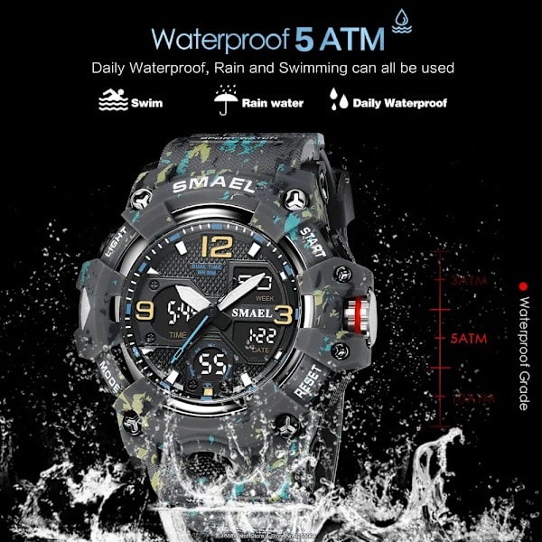 SMAEL Dual Time Watch för män Mode Vattentät Quart Digital Armbandsur Väckarklocka LED Bakgrundsbelysning Kalenderklockor 8008 Camo Gray-Box