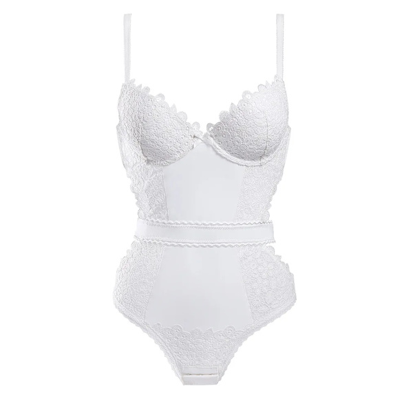 Sexig bodysuit för kvinnor Broderi Spets Ihålig rygg Vadderad kupa Bygel i ett stycke Underkläder Sexiga underkläder utan ärm White