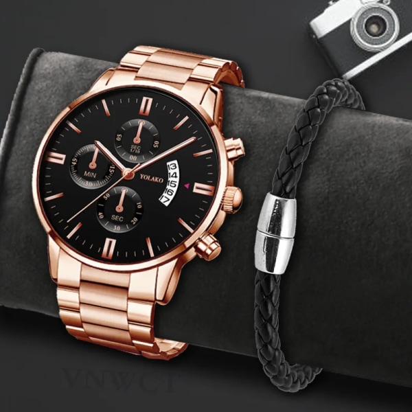 Mode rostfritt stål män watch armband lyx kalender kvarts armbandsur Business klockor för man klocka Relogio Masculino Rose Black Bracelet